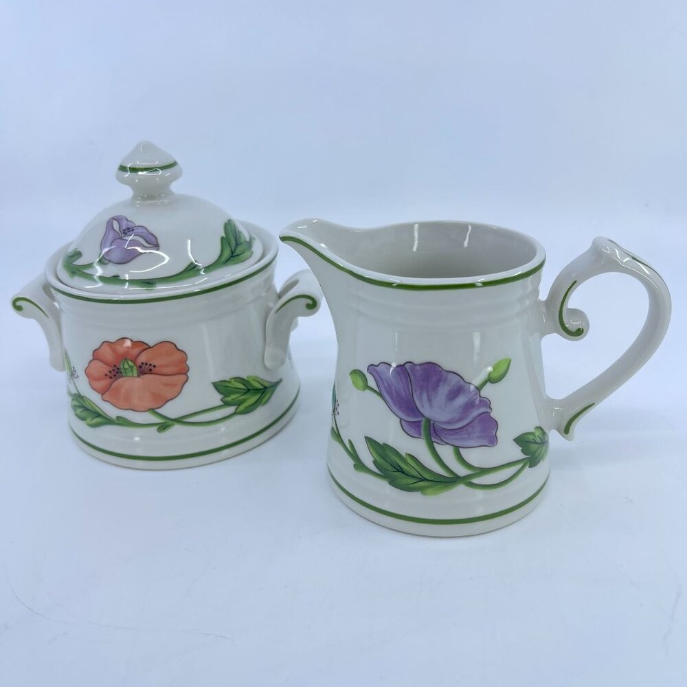vintage villeroy & boch "amapola" lidded sugar & creamer textured floral motif